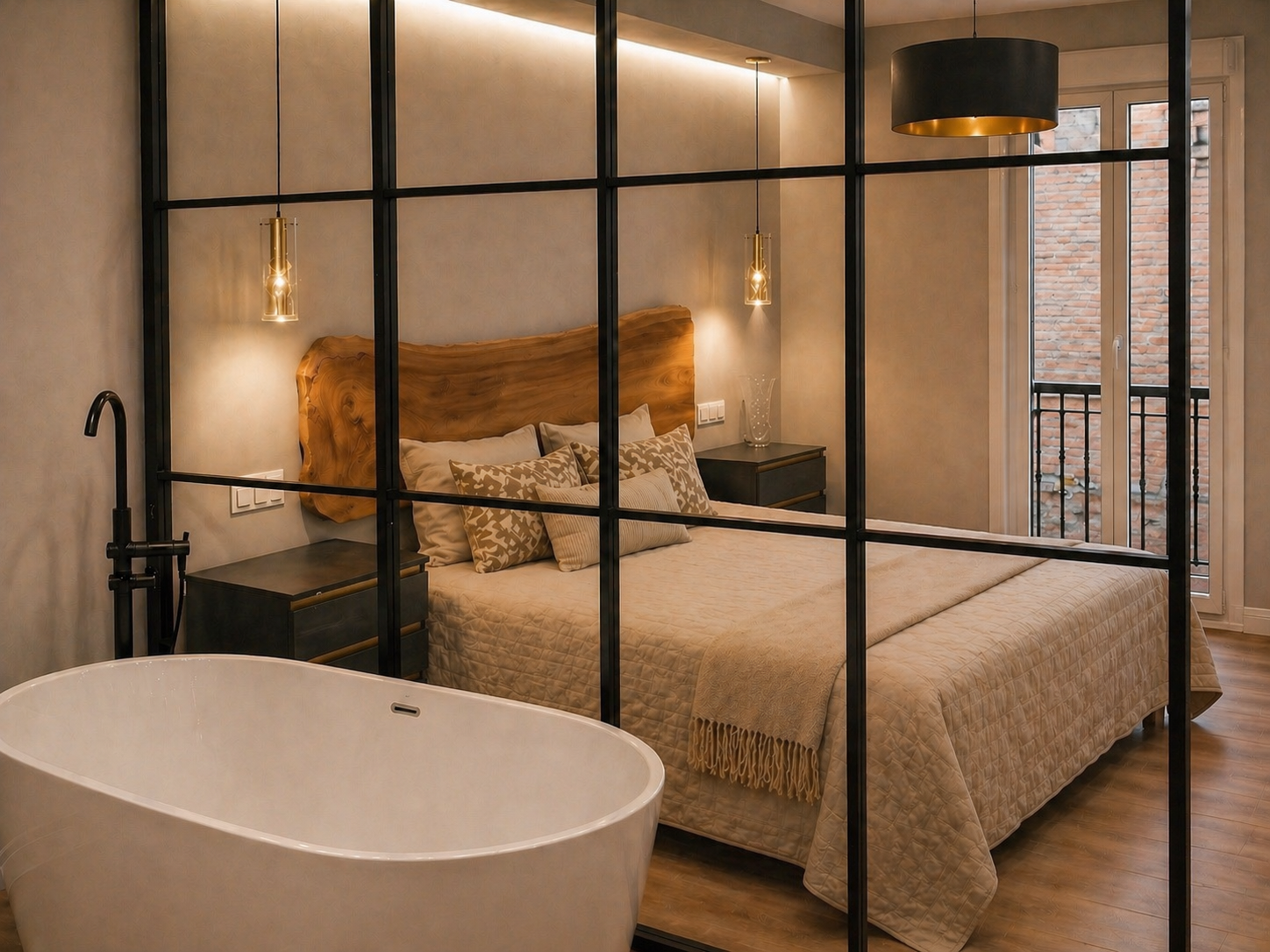 Dormitorio con cerramiento de vidrio y bañera exenta en el proyecto Buen Suceso