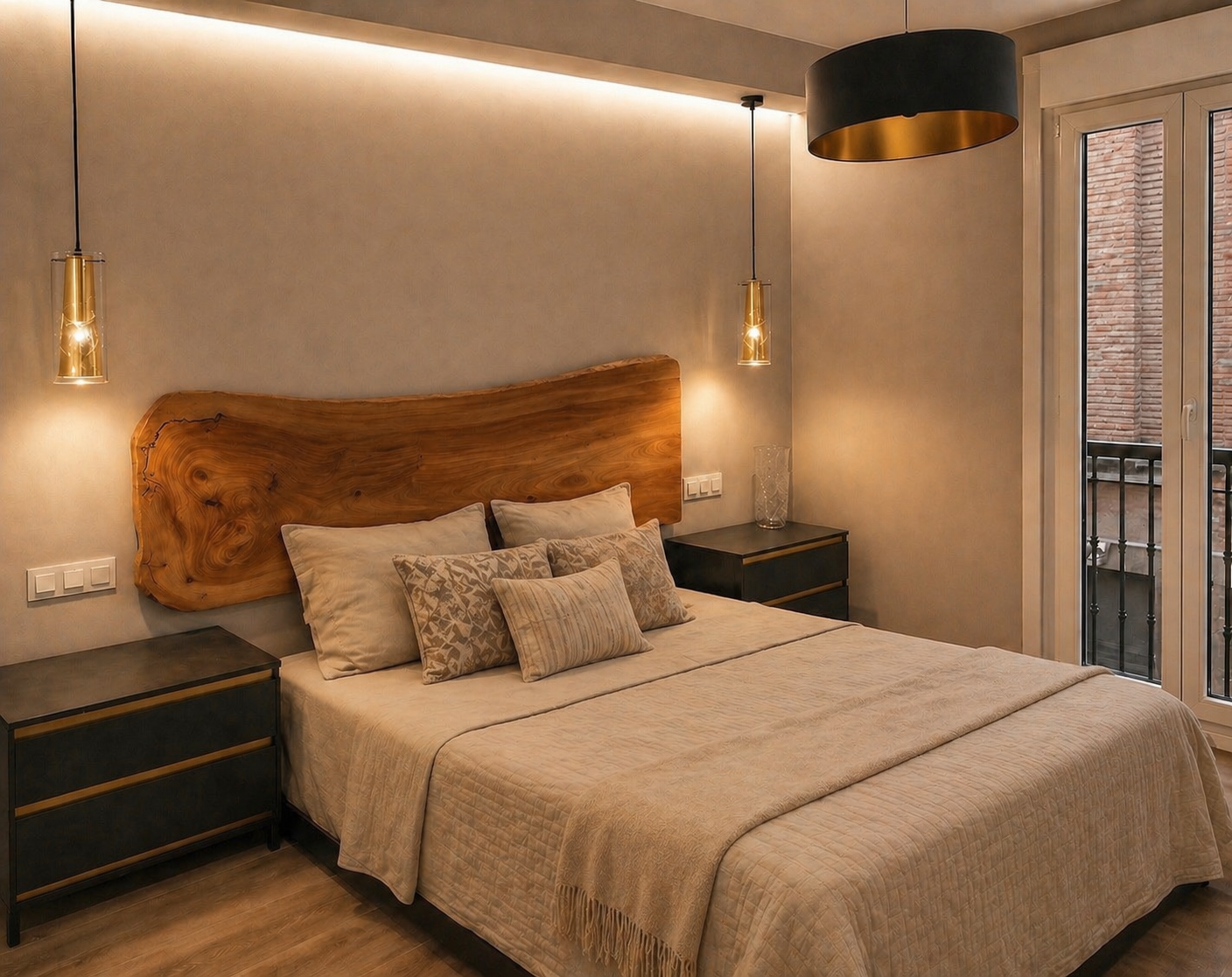 Dormitorio reformado con cabecero de madera y luz cálida en Buen Suceso