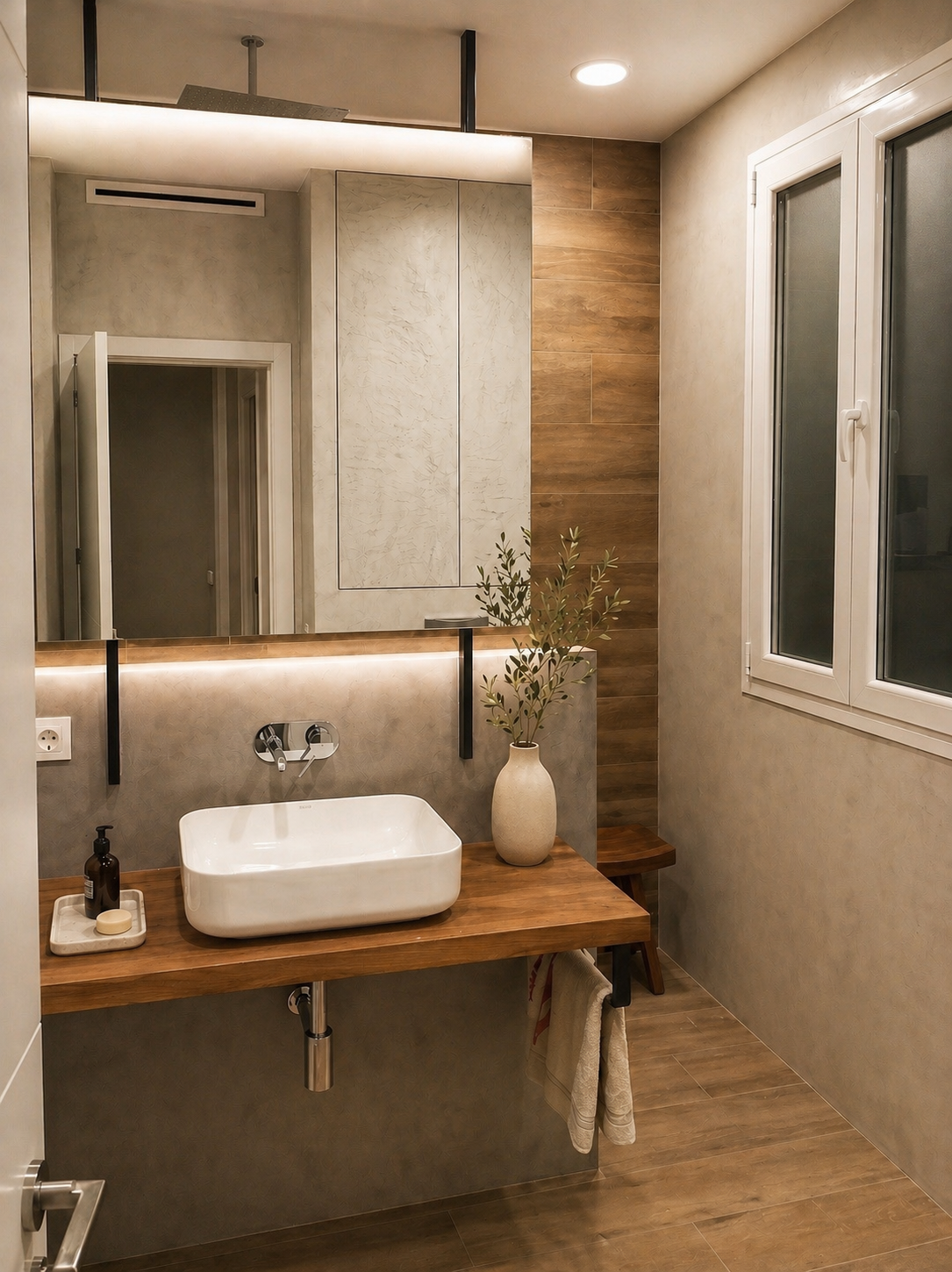 Baño reformado con encimera de madera, espejo iluminado y acabados minerales en Buen Suceso