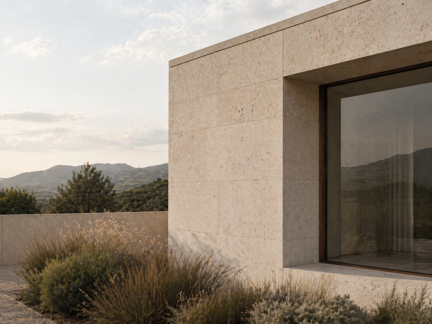 Detalle exterior de arquitectura minimalista con vegetación integrada