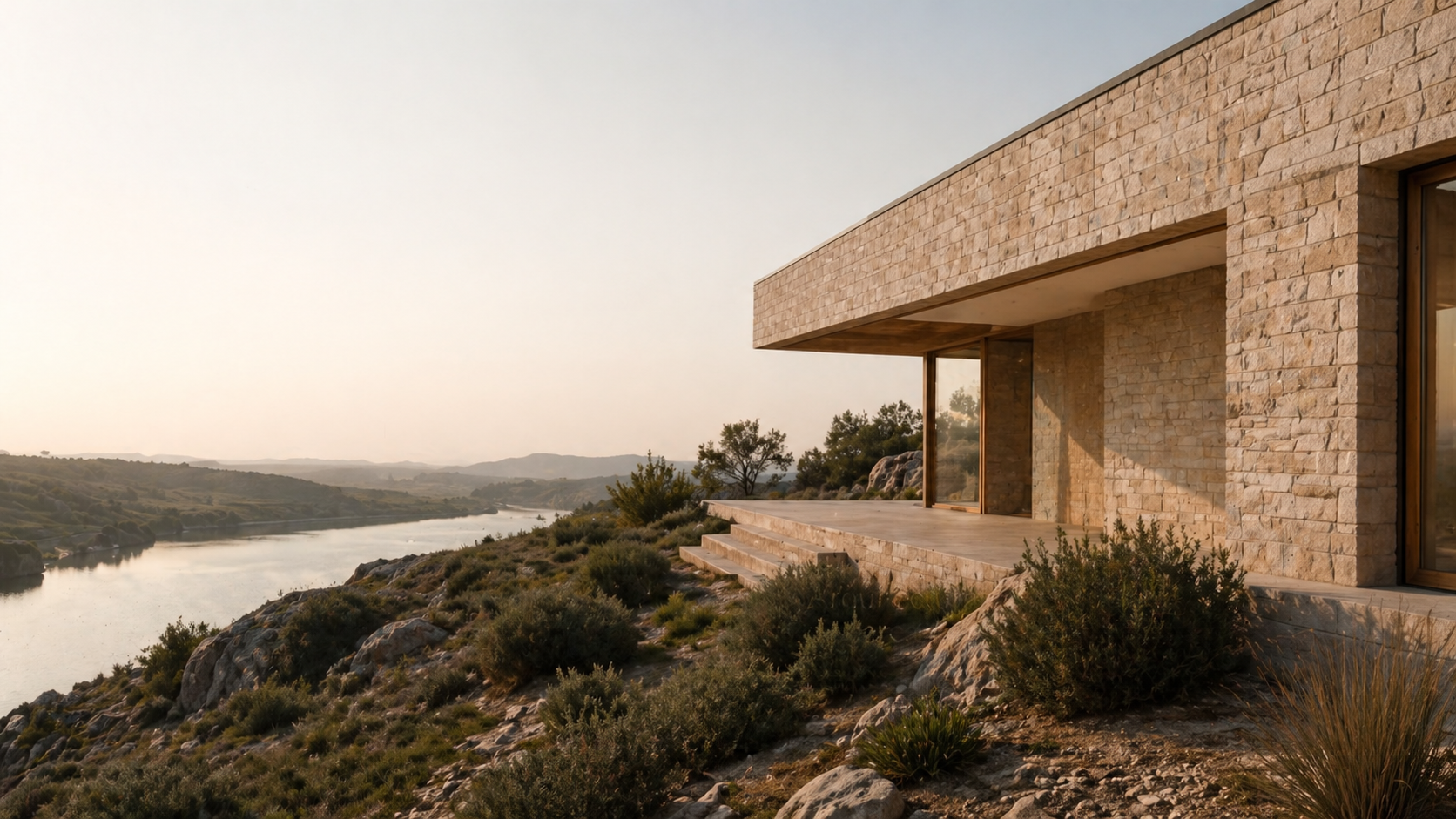Casa contemporánea de piedra junto a un paisaje de agua y montaña